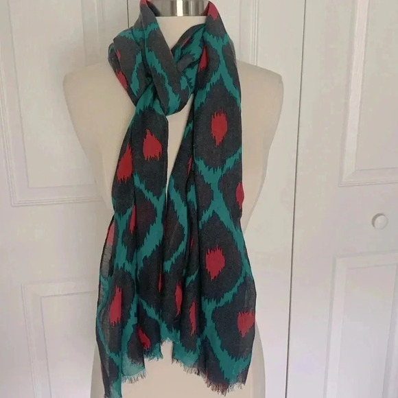 Gray, Teal, and Coral Ikat Printed Scarf - Picture 1 of 3